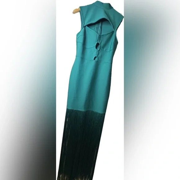 NWOT StyleByGG Emerald Green Bandage Fringe Maxi Dress -Sculpting Bodycon Size L - Picture 14 of 14